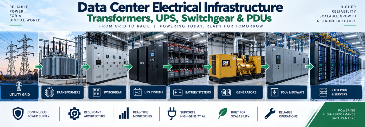 Data center electrical infrastructure showing transformers, switchgear, UPS systems, batteries, generators, PDUs, and server racks