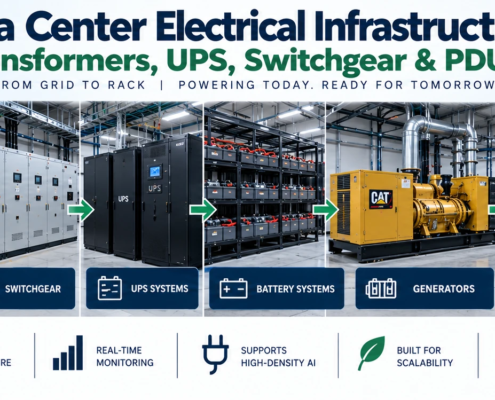 Data center electrical infrastructure showing transformers, switchgear, UPS systems, batteries, generators, PDUs, and server racks