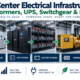Data center electrical infrastructure showing transformers, switchgear, UPS systems, batteries, generators, PDUs, and server racks