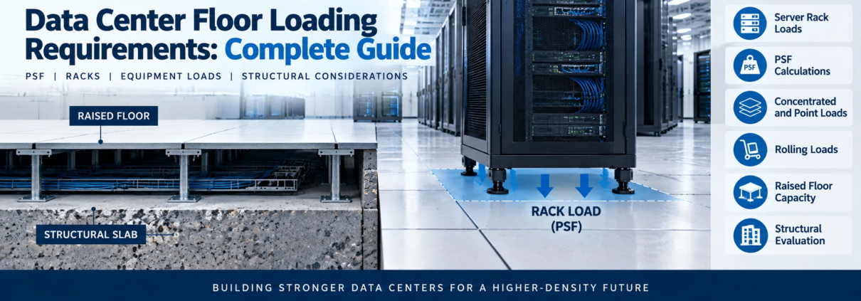 Data center floor loading requirements showing server rack loads, PSF calculations, raised floor capacity, and structural slab
