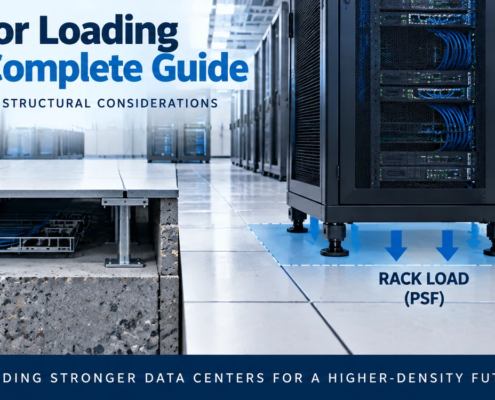 Data center floor loading requirements showing server rack loads, PSF calculations, raised floor capacity, and structural slab