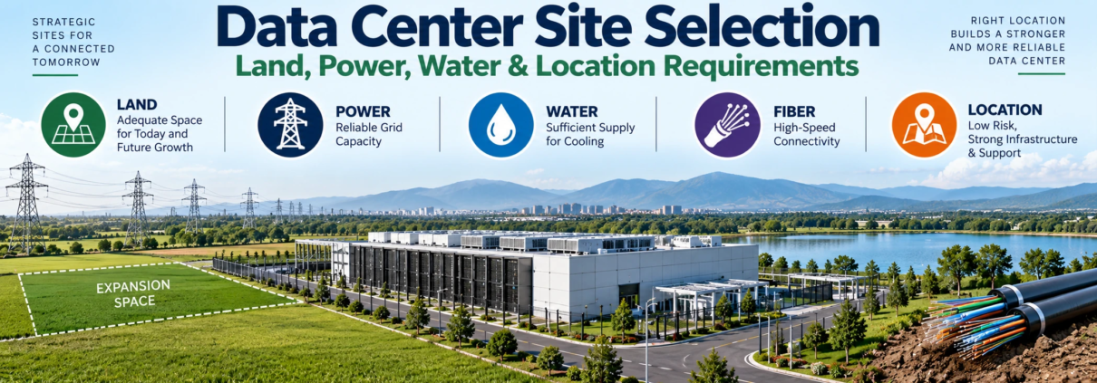 Data center site selection showing land, power, water, fiber connectivity, expansion space, and location requirements