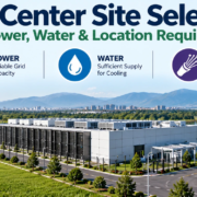 Data center site selection showing land, power, water, fiber connectivity, expansion space, and location requirements