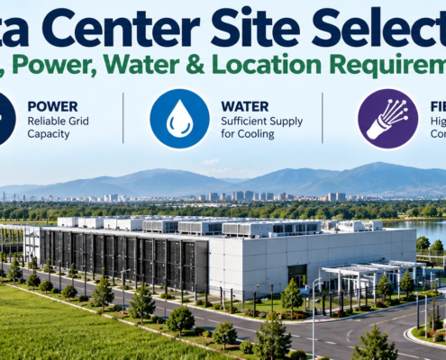 Data center site selection showing land, power, water, fiber connectivity, expansion space, and location requirements