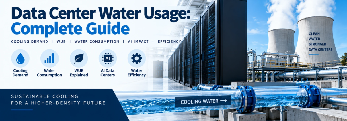 Data center water usage showing cooling demand, WUE, water consumption, AI server racks, and cooling water infrastructure