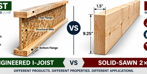 I-joist vs 2x10 floor joist comparison showing engineered wood and solid-sawn lumber