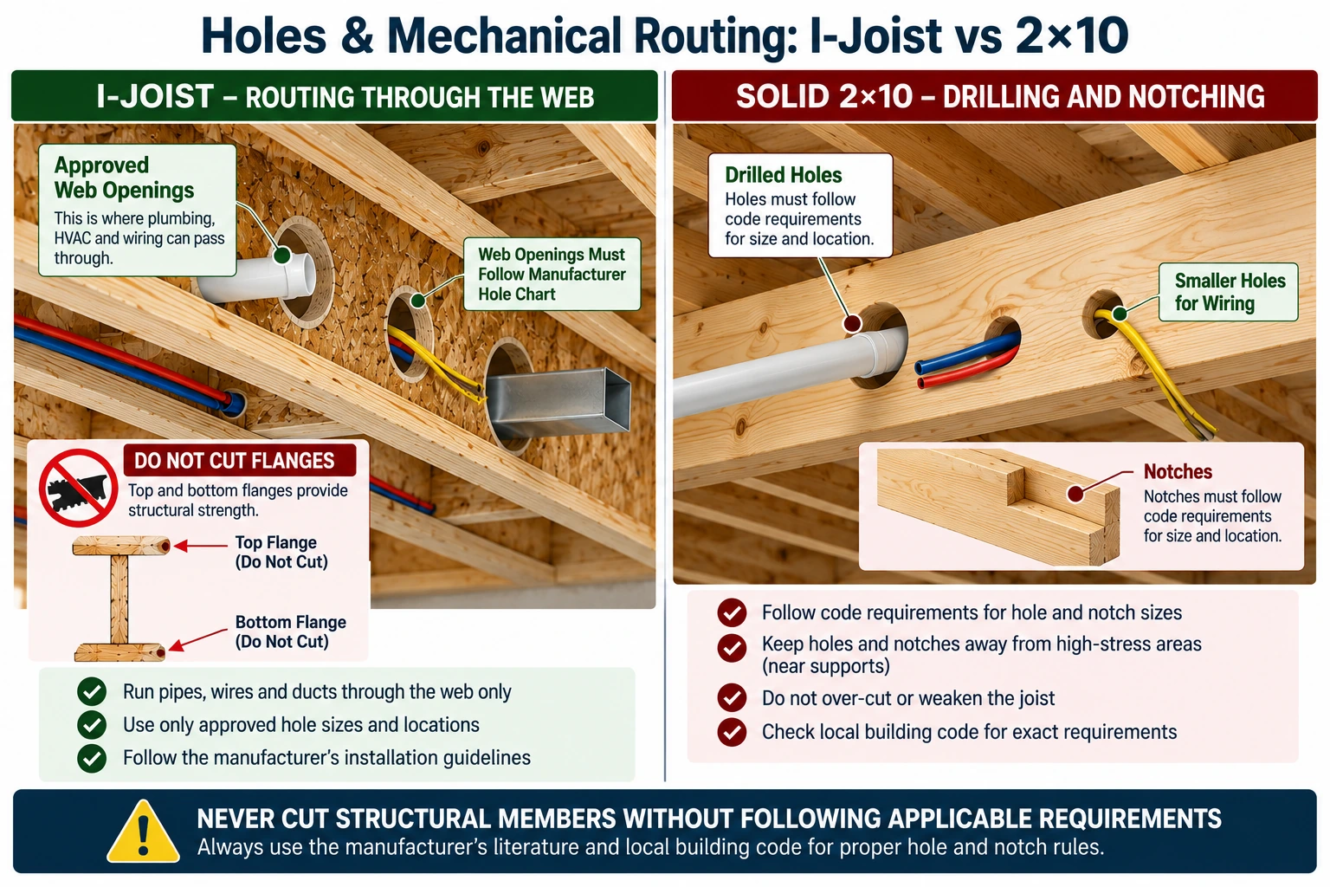 I-joist vs 2x10 plumbing and HVAC routing showing web openings and solid lumber drilling restrictions