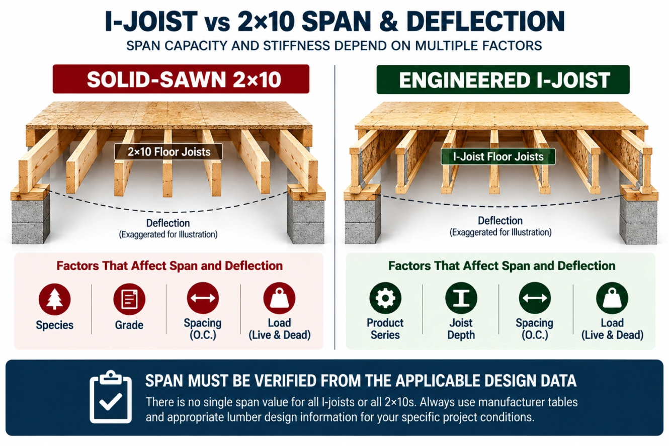 I-joist vs 2x10 span comparison showing factors that affect allowable floor joist span