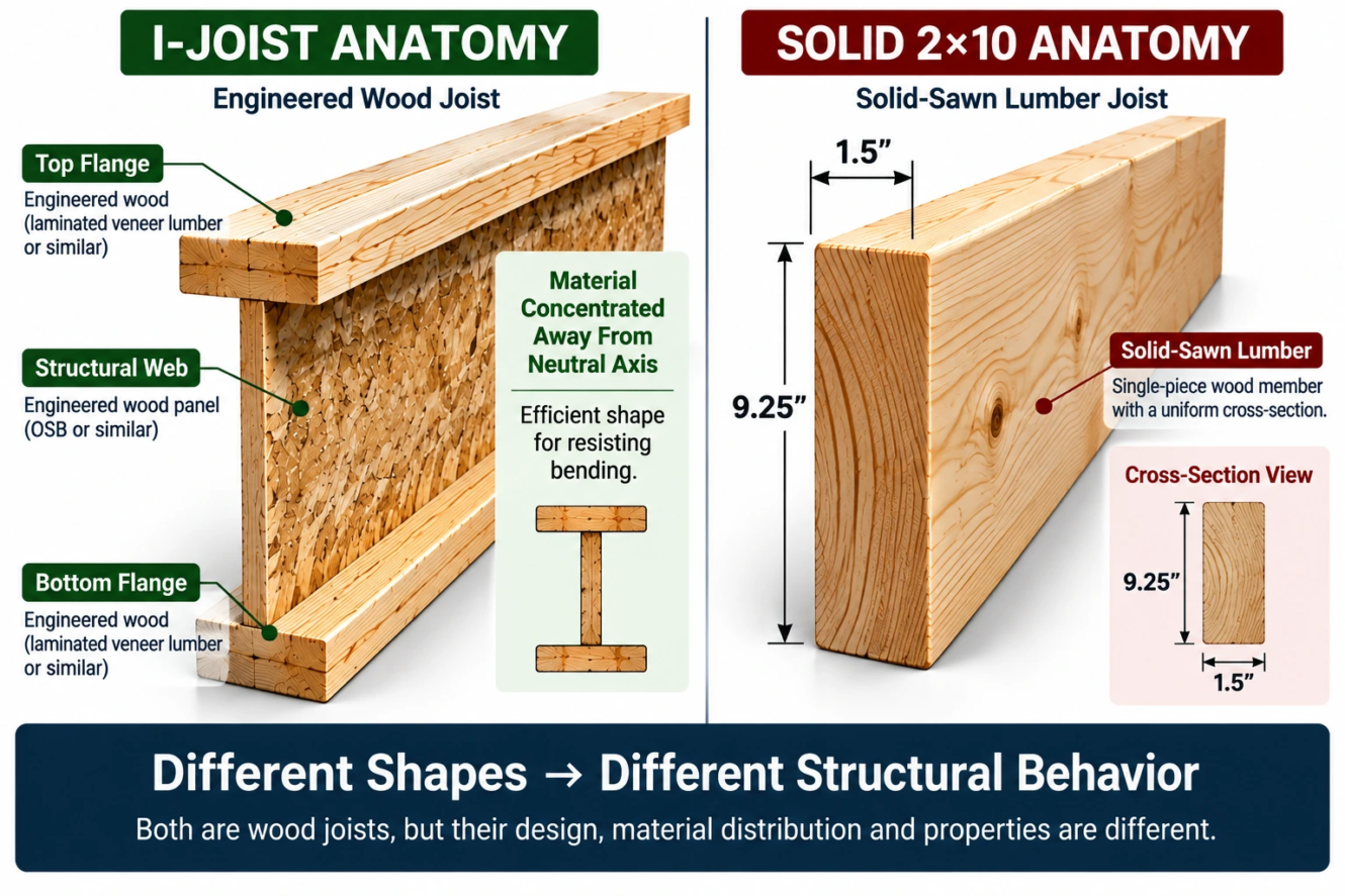 I-joist anatomy compared with solid 2x10 lumber showing flanges, structural web and solid wood section