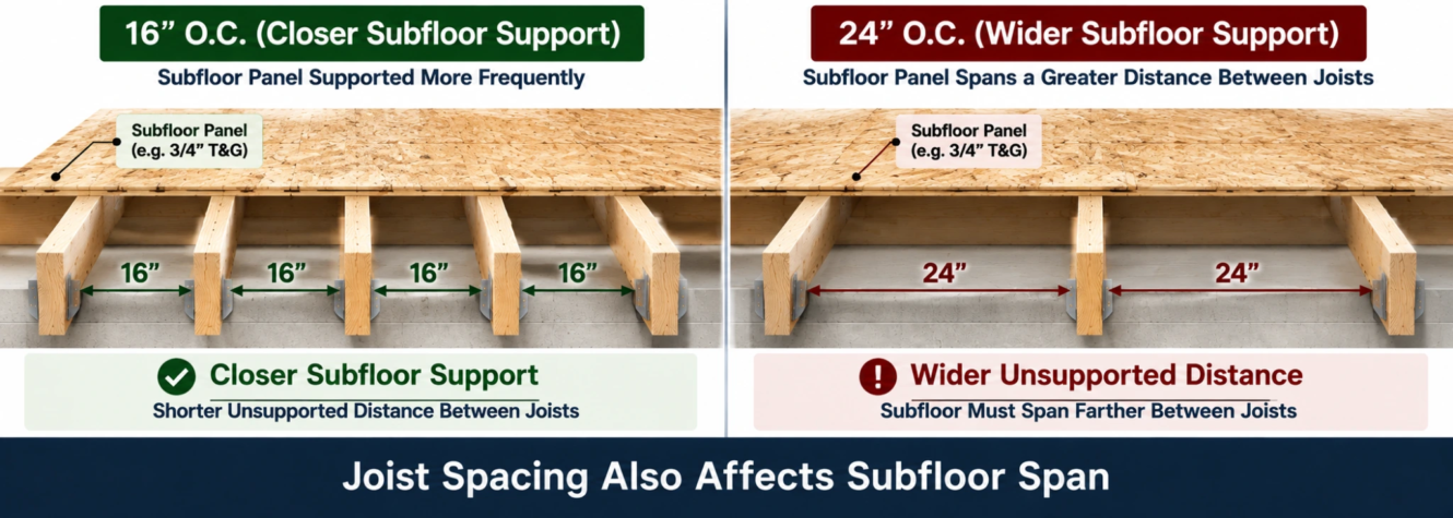 16 vs 24 inch floor joist spacing showing how joist spacing affects subfloor support distance