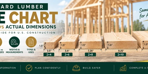 Standard lumber size chart showing nominal vs actual dimensions for 2x4, 2x6, 2x8, 2x10, and 2x12 lumber