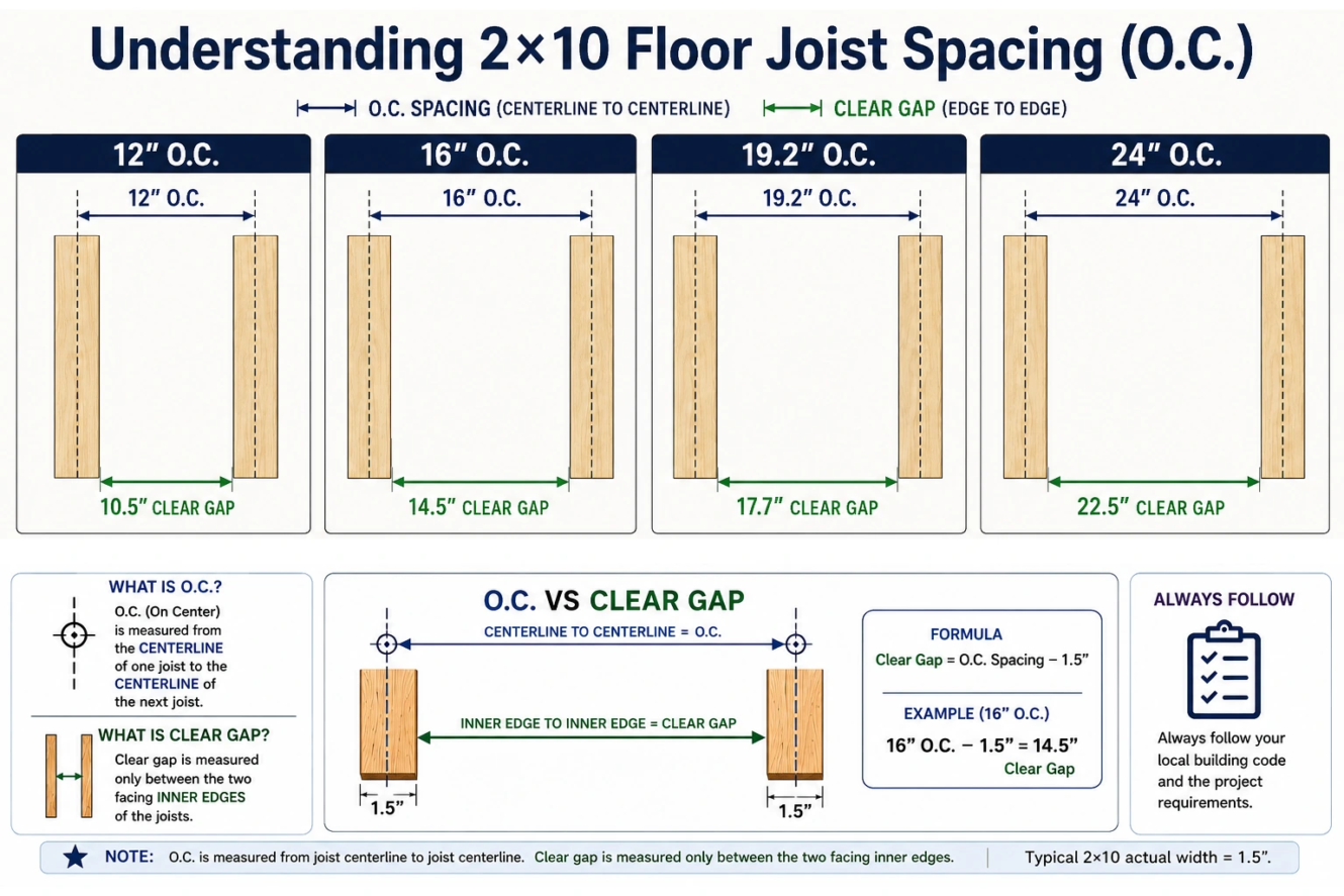 2x10 floor joist spacing showing 12, 16, 19.2 and 24 inches on center measured centerline to centerline
