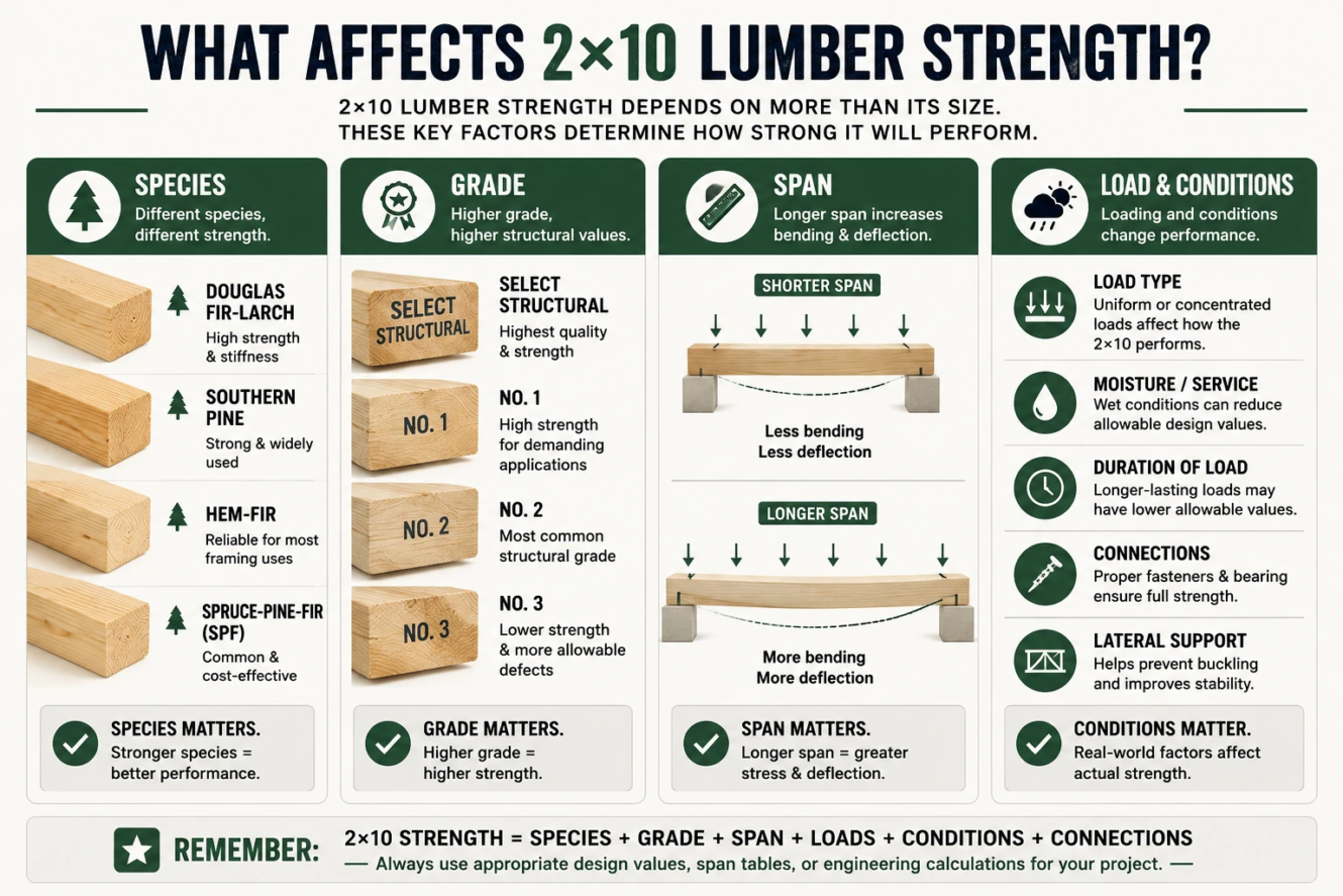 Factors affecting 2x10 lumber strength including species, grade, span, loading and service conditions