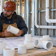 An engineer and plumber compare PVC pipes and fittings with a service drawing beside separate drainage pipe and conduit runs.