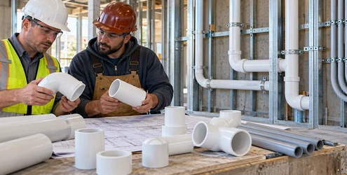 An engineer and plumber compare PVC pipes and fittings with a service drawing beside separate drainage pipe and conduit runs.