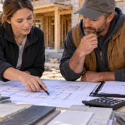 Estimator and contractor compare building plans, measured quantities, material samples, and supplier quotes to prepare a documented construction cost estimate at a home jobsite