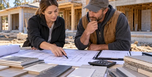 Estimator and contractor compare building plans, measured quantities, material samples, and supplier quotes to prepare a documented construction cost estimate at a home jobsite
