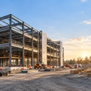 Commercial steel-frame building and wood-framed house under construction side by side.