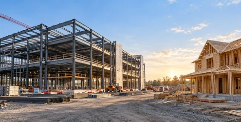Commercial steel-frame building and wood-framed house under construction side by side.