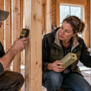 Carpenter checks residential wood framing with a moisture meter before insulation and fire-rated wall layers are fitted.