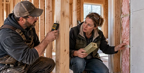 Carpenter checks residential wood framing with a moisture meter before insulation and fire-rated wall layers are fitted.