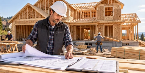 Residential builder reviewing house plans and a project estimate at a framed single-family home construction site.