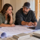 Homeowner and contractor review house plans, a trade by trade construction budget, material samples, and a calculator inside a home under construction