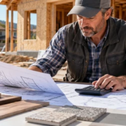 Construction estimator reviewing plans and material costs at a California home build site