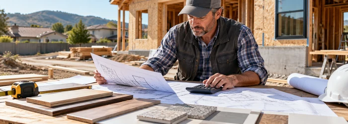 Construction estimator reviewing plans and material costs at a California home build site