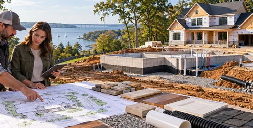 A Maryland homeowner and estimator review site plans, drainage, utility connections, and finish materials beside a house under construction.