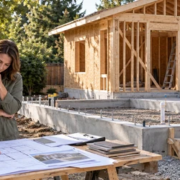 Builder and homeowner reviewing plans for a backyard guest house under construction