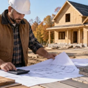 Construction estimator reviewing plans and material costs at a Wisconsin house build site