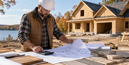 Construction estimator reviewing plans and material costs at a Wisconsin house build site