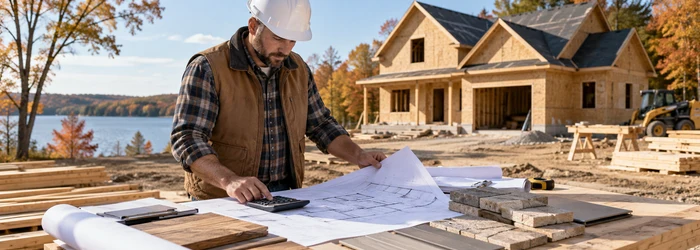 Construction estimator reviewing plans and material costs at a Wisconsin house build site