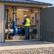 Pump house with open doors showing water pumps, pipes, valves and a control panel during a technician inspection.