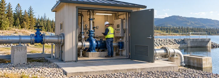 Pump house with open doors showing water pumps, pipes, valves and a control panel during a technician inspection.