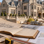 A construction estimator reviews archival drawings and cost records beside a historic stone mansion undergoing restoration.