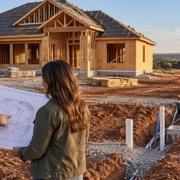 A homeowner and estimator review a house-building plan beside an Oklahoma home under construction, with site grading and drainage visible.