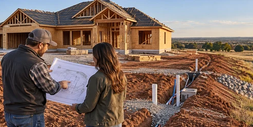 A homeowner and estimator review a house-building plan beside an Oklahoma home under construction, with site grading and drainage visible.