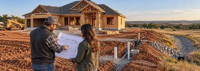 A homeowner and estimator review a house-building plan beside an Oklahoma home under construction, with site grading and drainage visible.