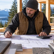 Construction estimator reviewing plans and material costs at a Washington State home build site