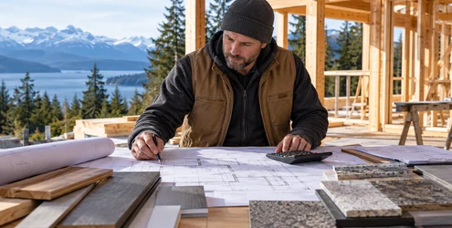 Construction estimator reviewing plans and material costs at a Washington State home build site