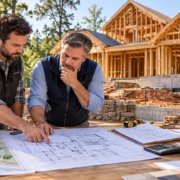 Homebuilder and estimator review house plans, site utilities and building costs at an Atlanta construction site