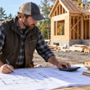 Construction estimator reviewing house plans and material costs at a Maine home build site