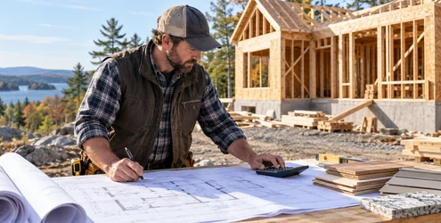 Construction estimator reviewing house plans and material costs at a Maine home build site