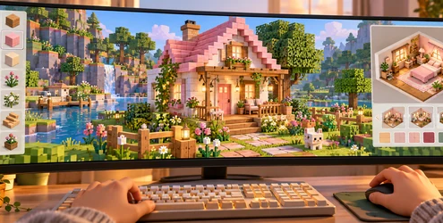 Player designs a pastel block-built house with garden details in a home-building game.