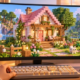 Player designs a pastel block-built house with garden details in a home-building game.