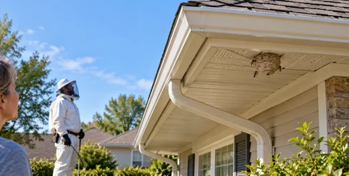 Small papery wasp nest beneath a house roof eave, with a homeowner and pest professional inspecting it from a safe distance.