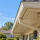 Small papery wasp nest beneath a house roof eave, with a homeowner and pest professional inspecting it from a safe distance.