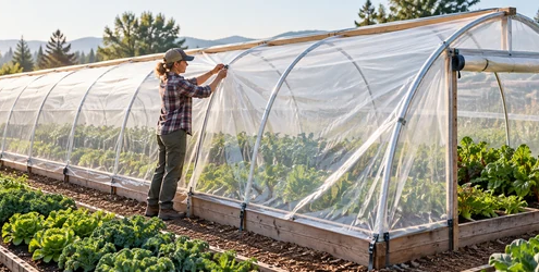 Gardener covers a curved hoop-house frame with greenhouse film over planted crop rows.